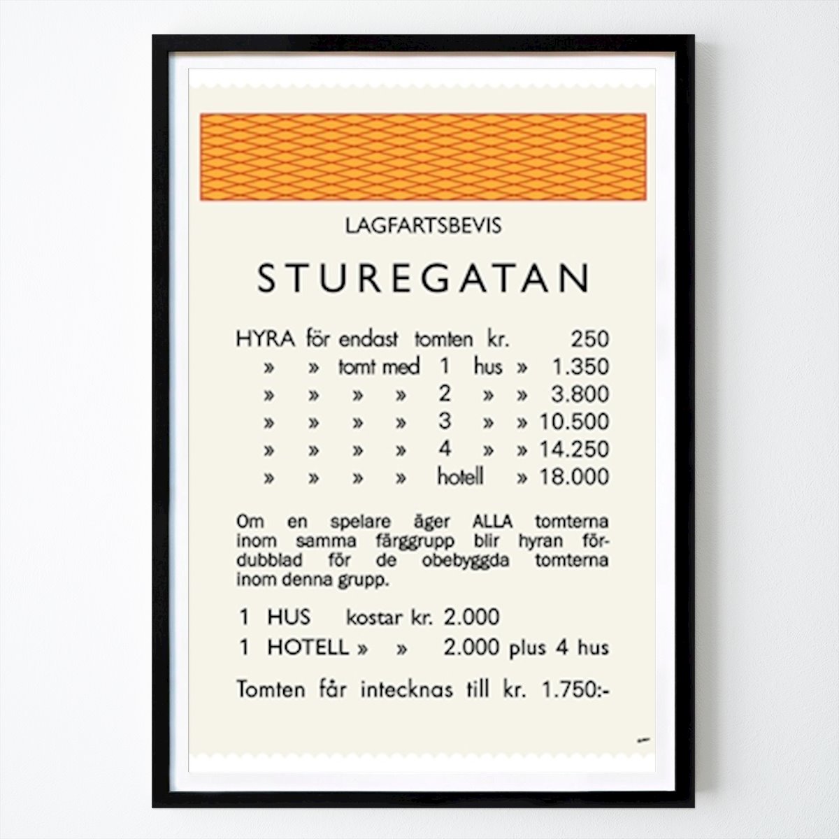 Švédsko Plakát: Monopoly Sturegatan od Martin Ekelund