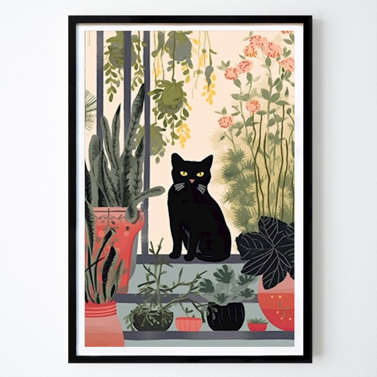 Blumen & Pflanzen Poster: Schwarze Katze mit Pflanzen von Emme