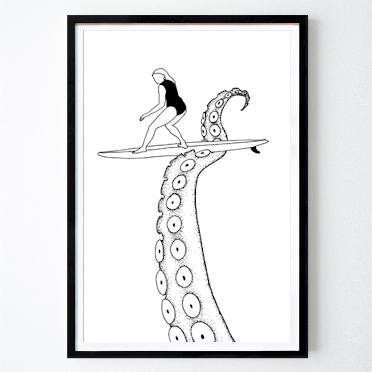 Čiernobiele Plagát: Chobotnica surfer dievča / surfovanie / od Salt & Pen Studio
