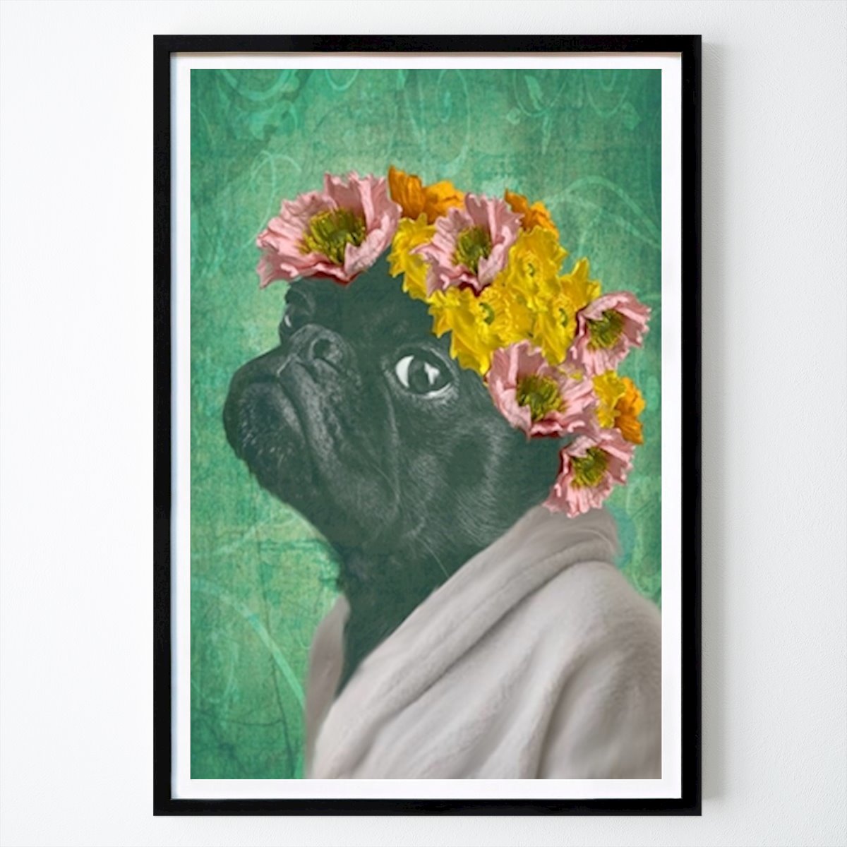Retro & Vintage Plakat: Mopper Hund Mops Hund med Blomster av Sannel Larson