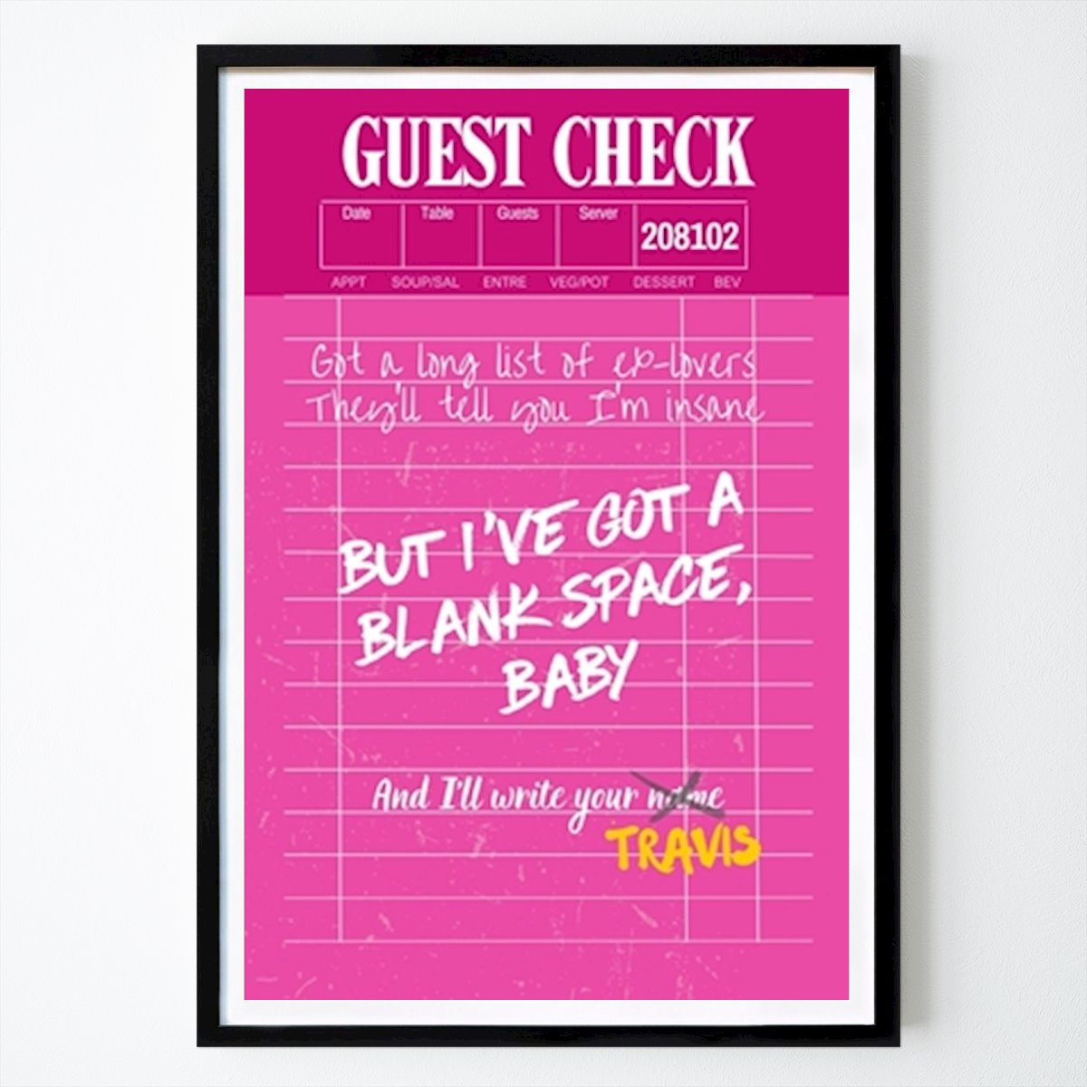 Citation & Text Poster: Guest Check Poster in Pink by Wealth on Canvas