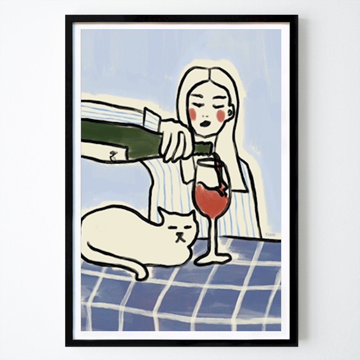 Kitchen Poster: Cats and Wine (Blue) by Cassandra Tönissoo