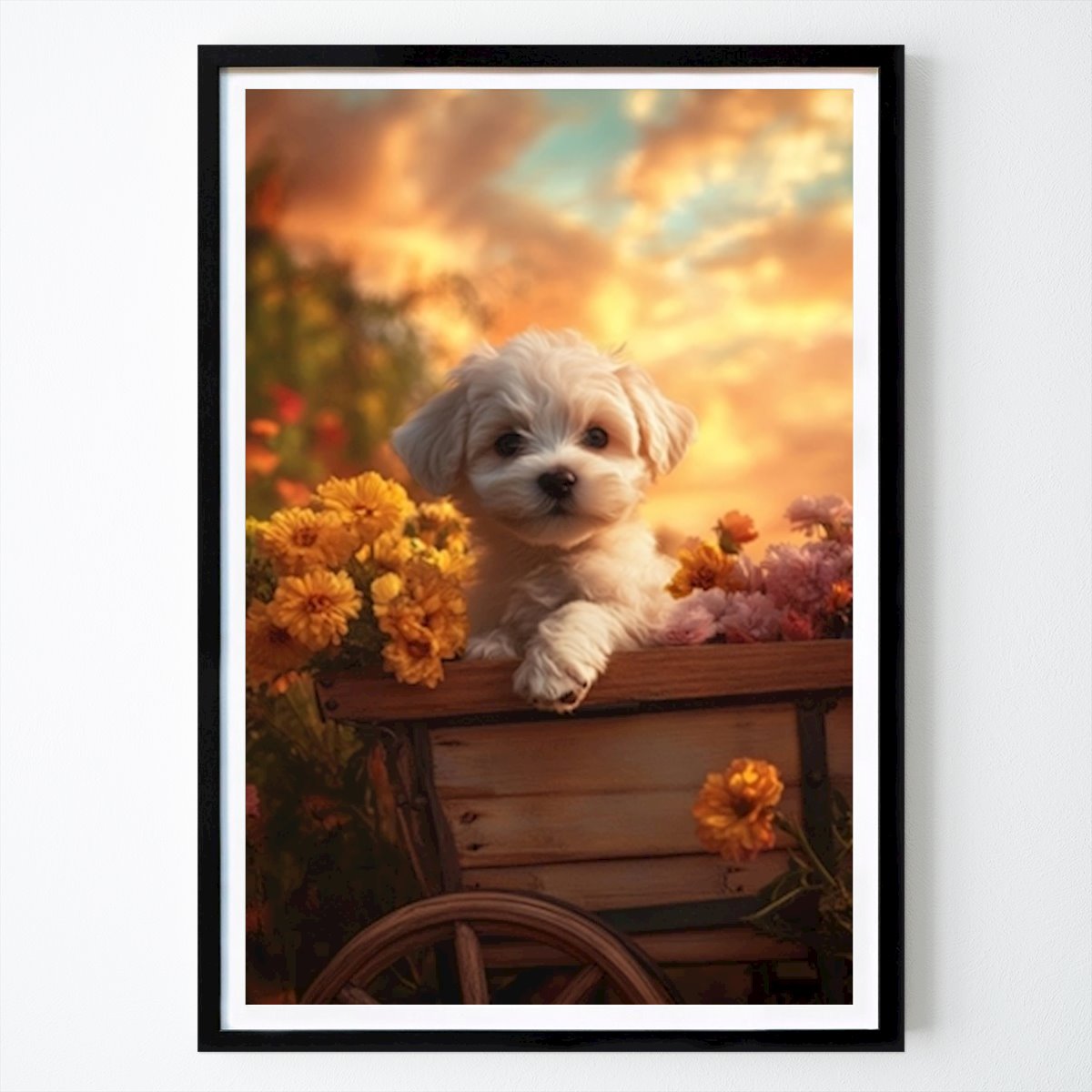 Tier Poster: Welpe im Blumenwagen von Happy Everywhere