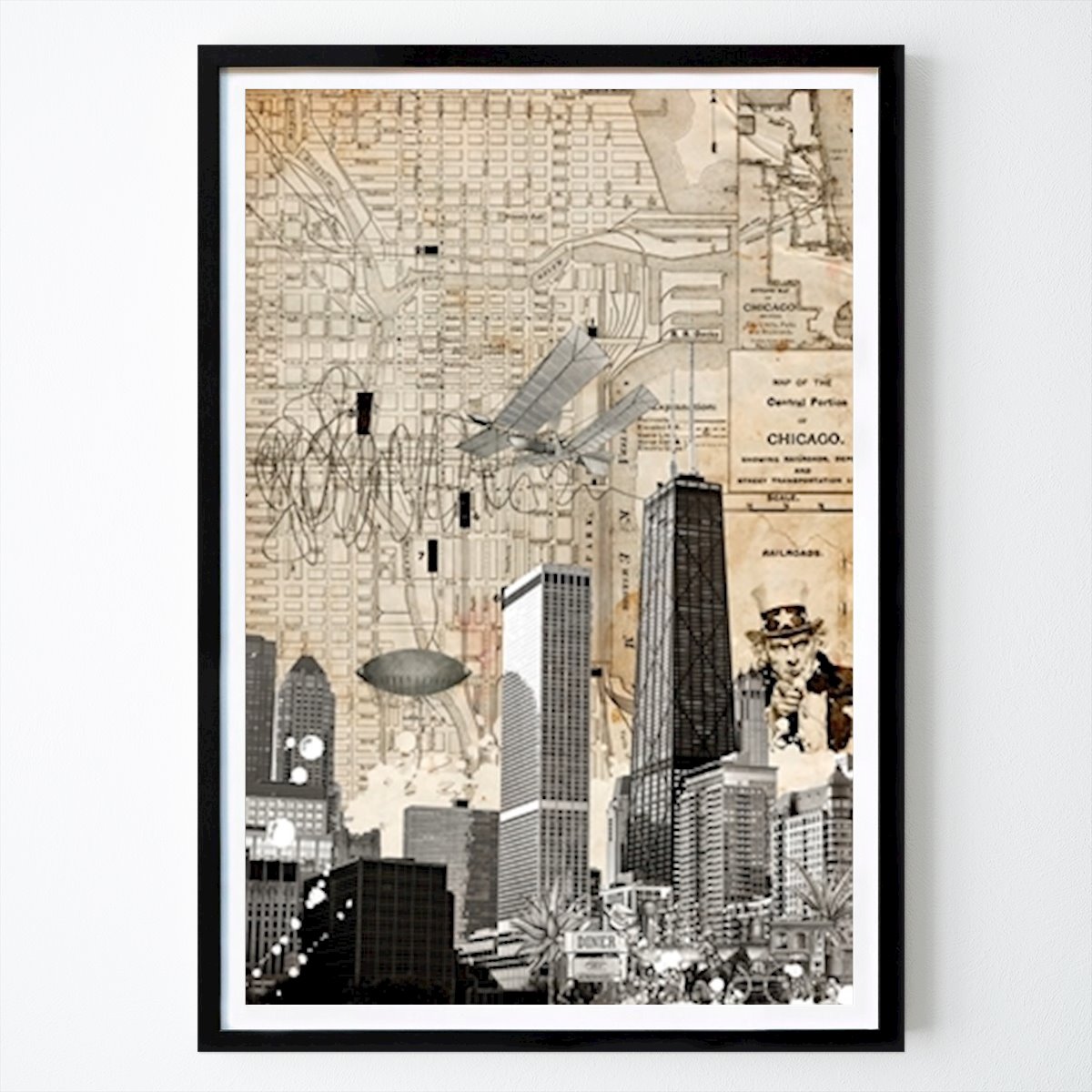 Schwarz-Weiß Poster: Chicagos urbaner Wandteppich von Simon Goggin