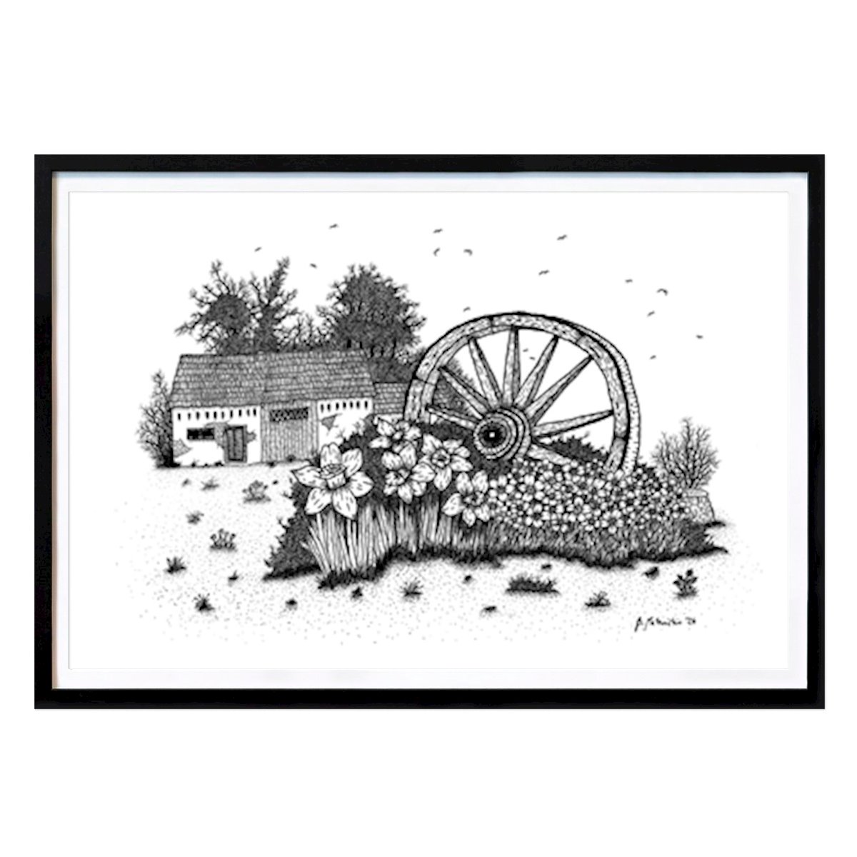 Bianco e nero Poster: Old Wheel and Barn di Boris Matoničkin