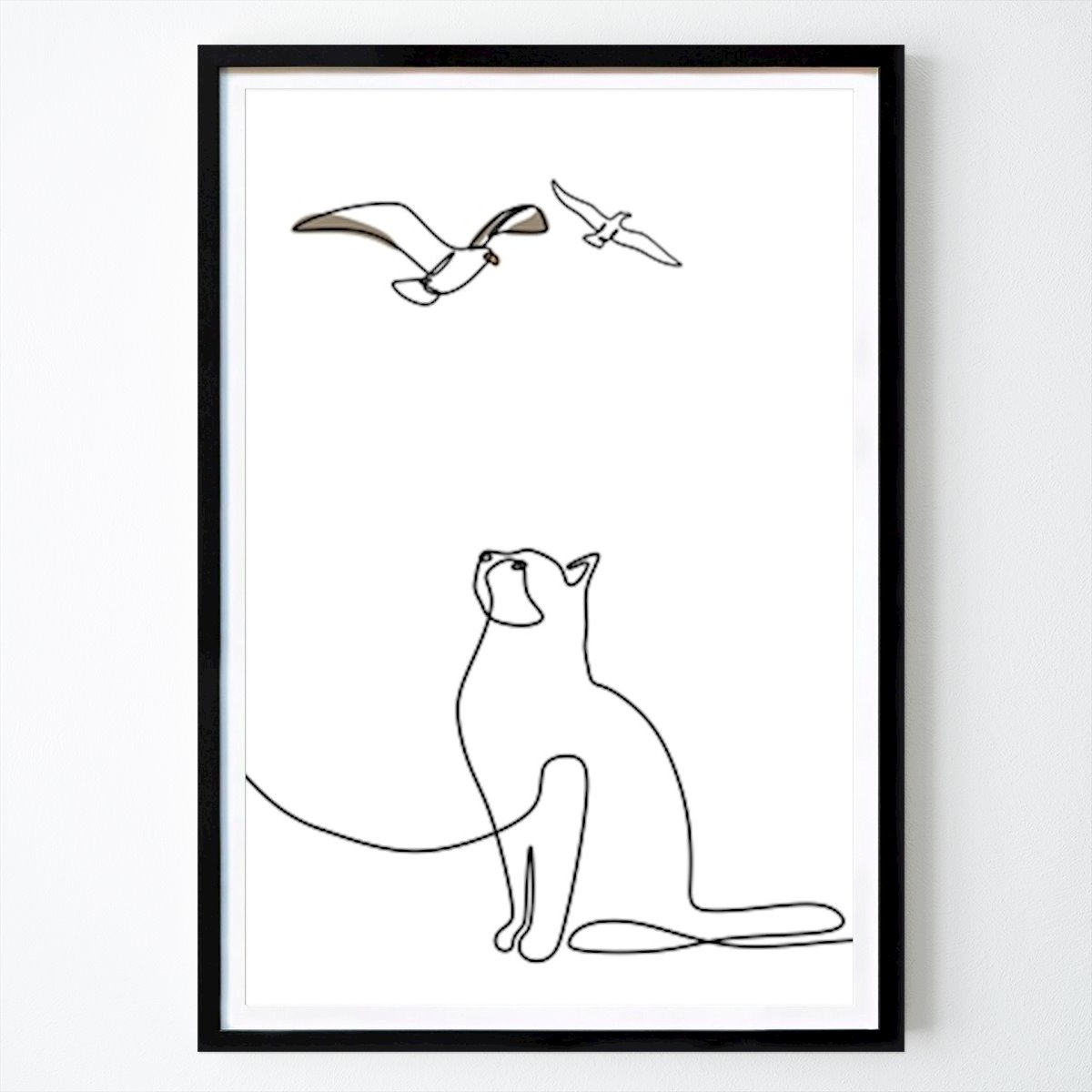 Dyr Plakat: Nysgerrig kat og fugle av One Line Artstudio