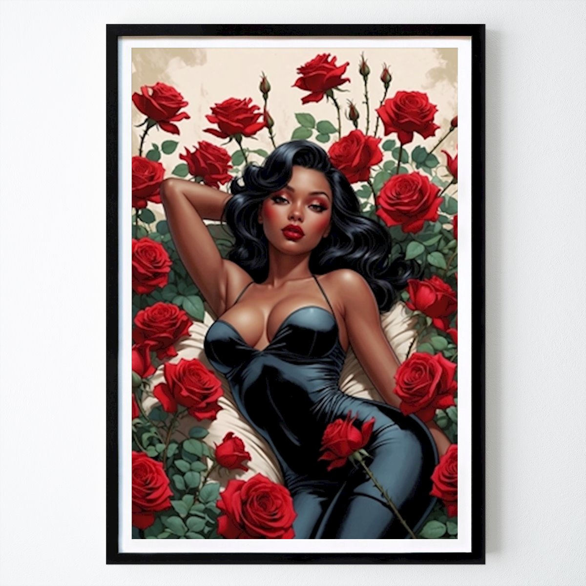 Blumen & Pflanzen Poster: Black Pin-Up Amid Red Roses von Elissi Art