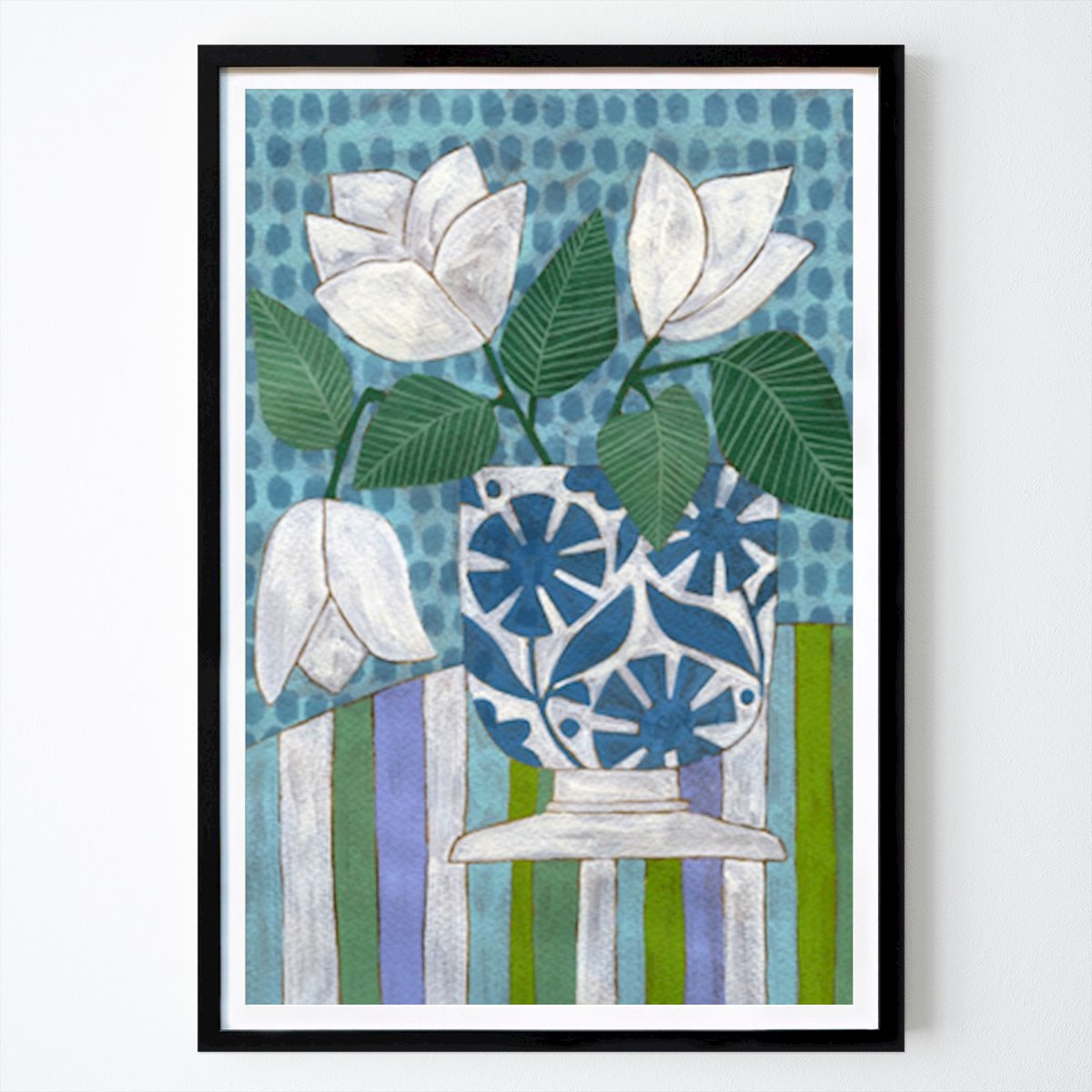 Botanical Poster: White Flowers In A Patterned Vase by Susan Black