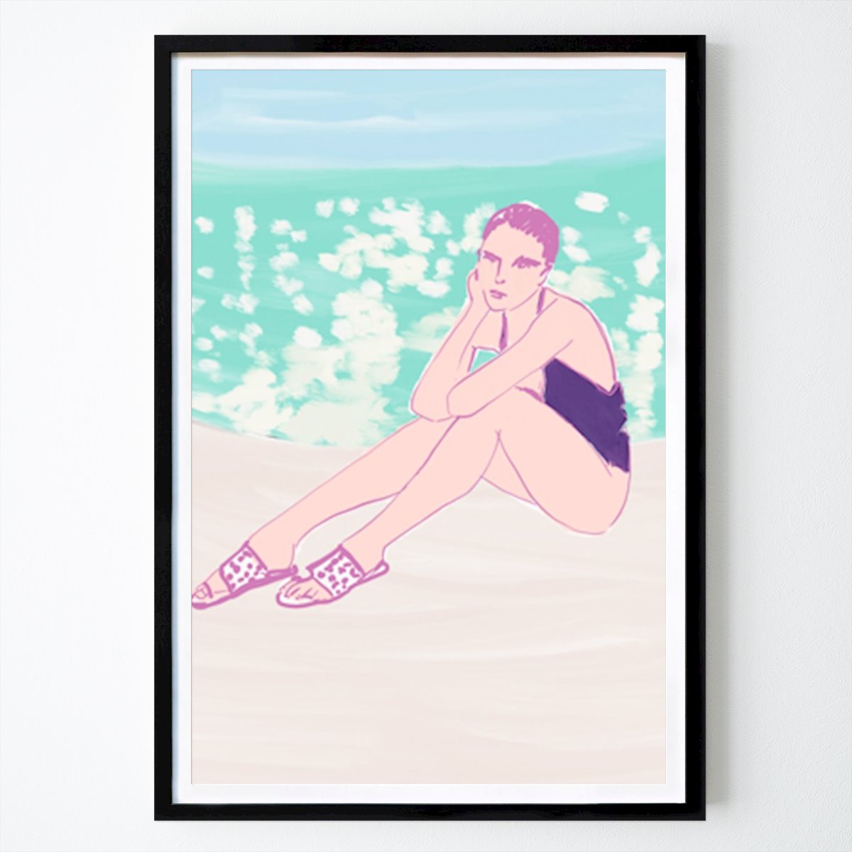 Lifestyle Poster: Woman in a Black Swimsuit Seated on a Beach von Beate Tubach