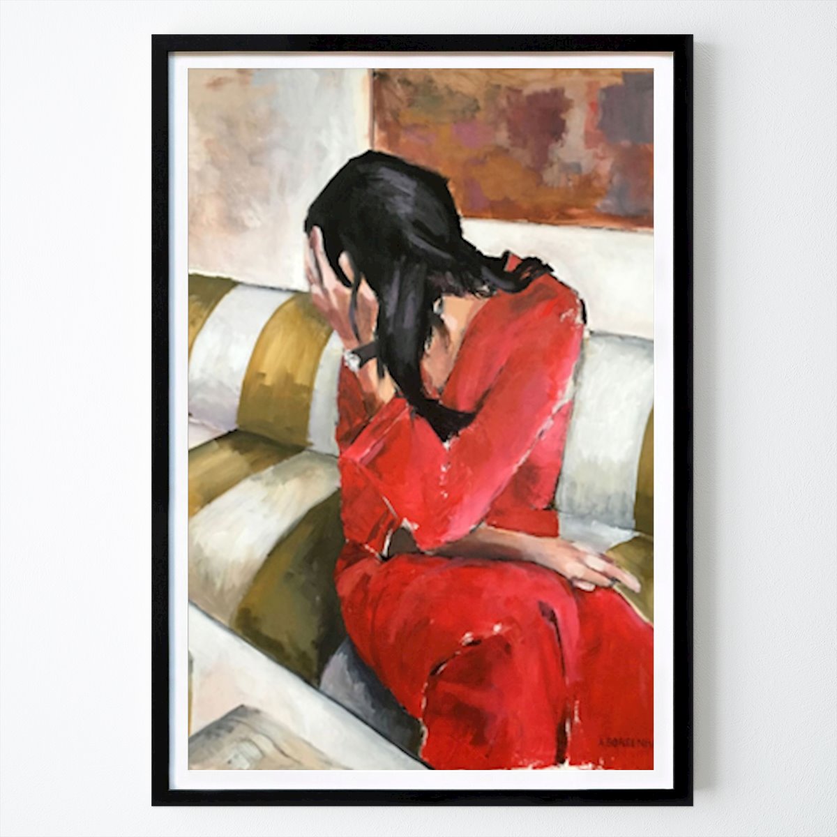 Mennesker & Portrett Plakat: Woman In A Red Dress Sits On A Sofa av Borgenhag Holmqvist