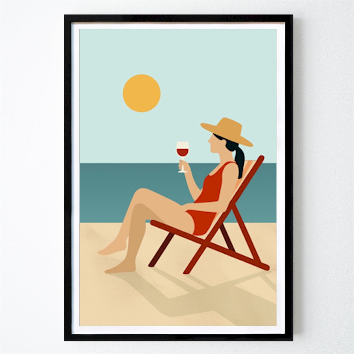 Illustration Poster: Kvinna på stranden med vin av Simon Saulich