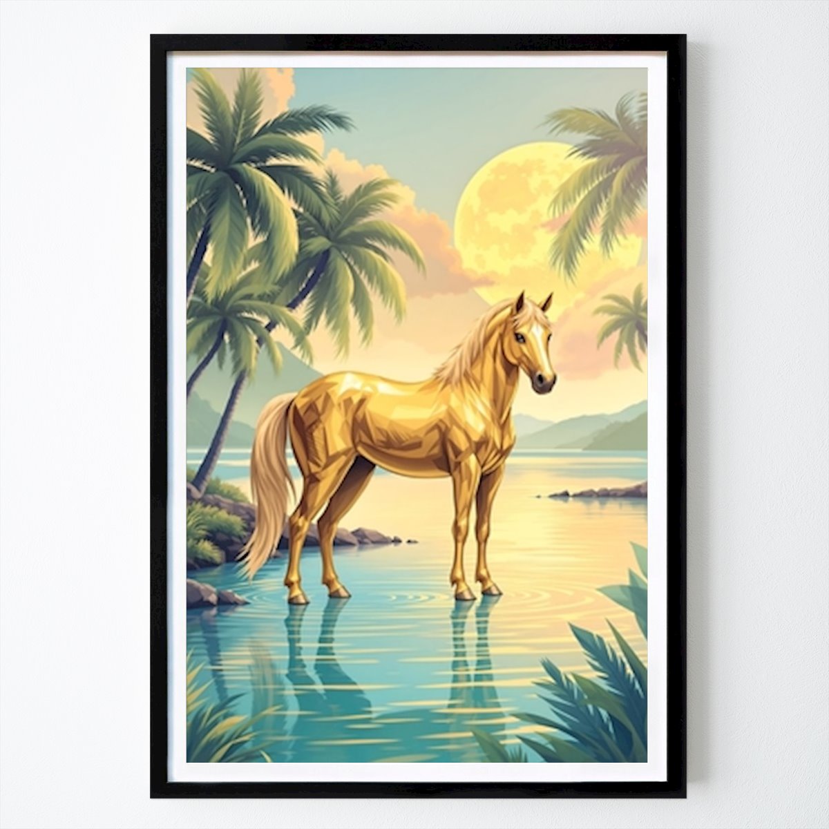 Arte Poster: A gold-coated horse standing near a calm lagoon surrounded by palms de Atlantis