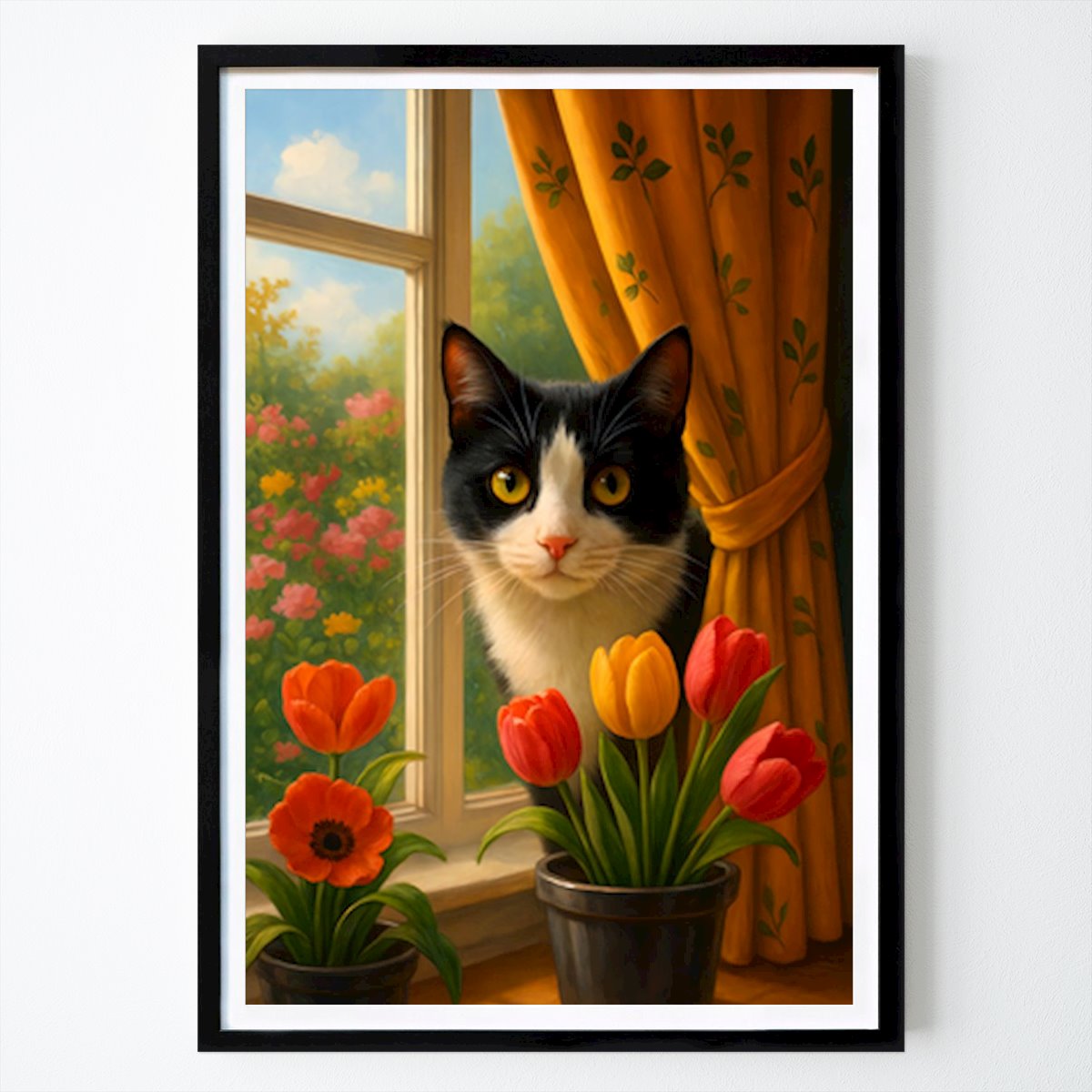 Retro & Vintage Poster: Schnurrhaare und Blüten: Die Blütenflucht der Katze von Indah Cahyo Wulandari