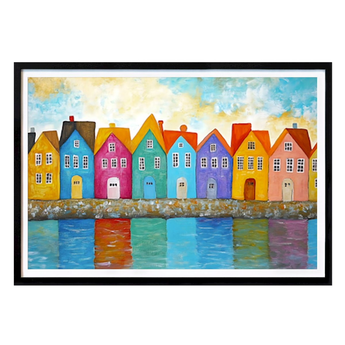 Gotland Villes & Pays Affiche: Cottages côtiers colorés – Gotland Imagination Une réflexion vivante, un art naïf par Akira Design House