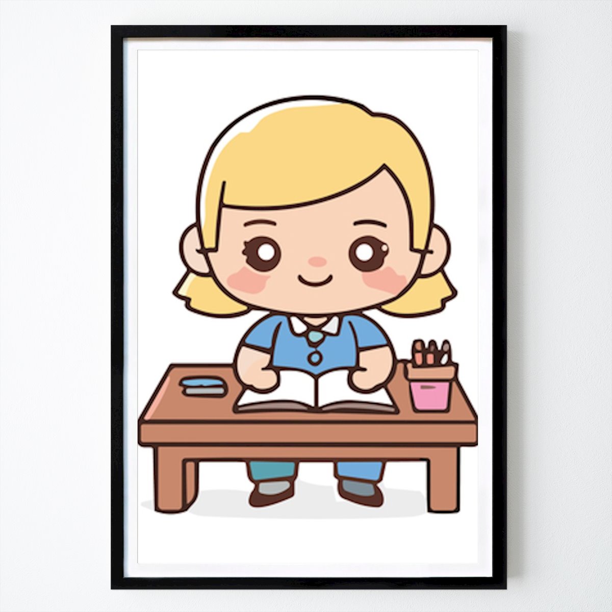 Black & White Poster: Adorable Schoolgirl Studying at Her Desk by Edna Fay