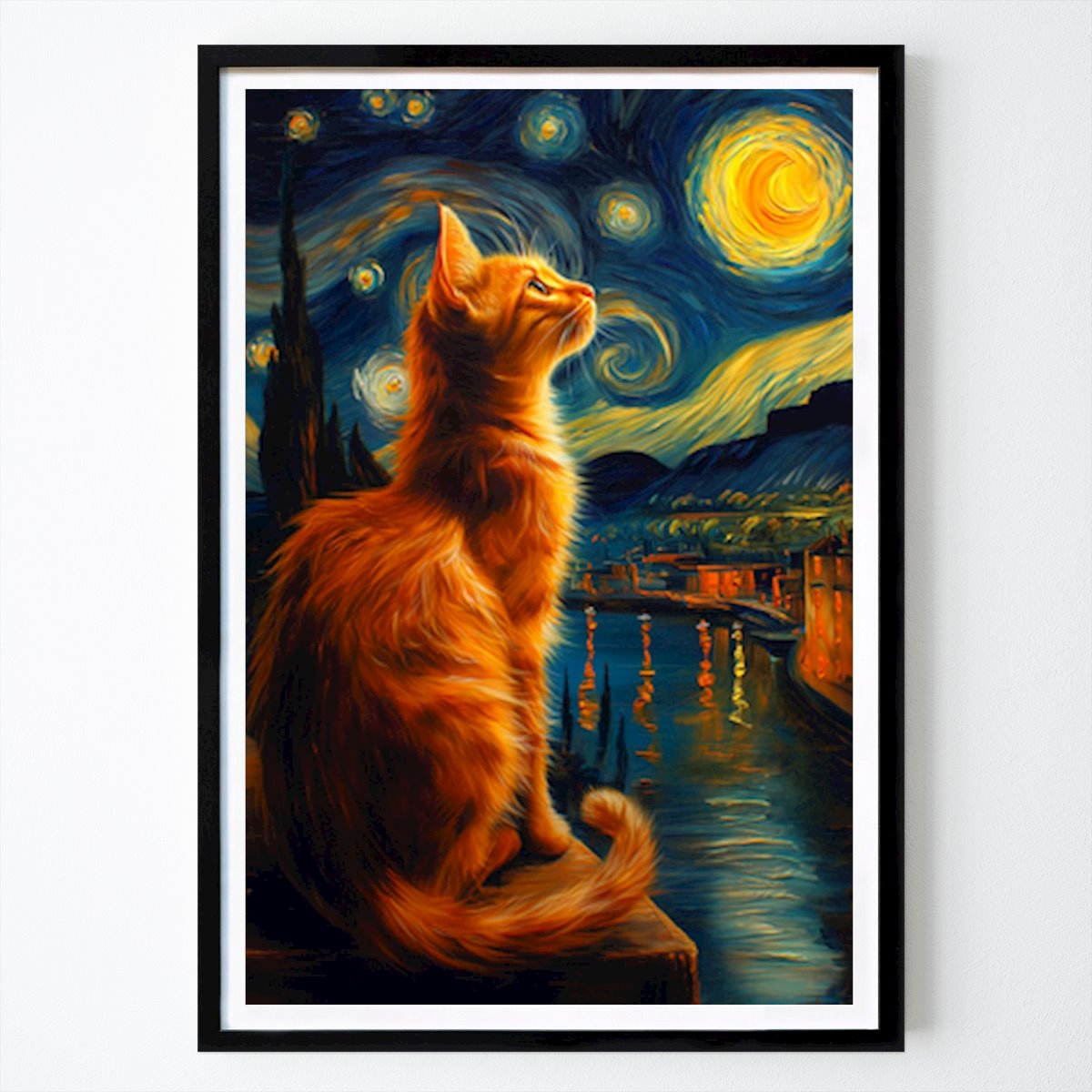 Places & Cities Poster: Starry Night: Feline Dreams Under a Celestial Canvas by Priscilla Palmer