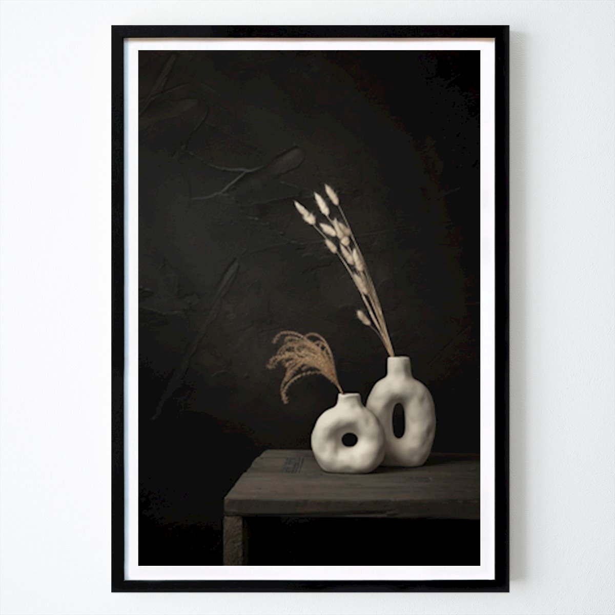 Botanical Poster: Dark still life with grass plumes in white porcelain vases by Mayra Pama - Luiten