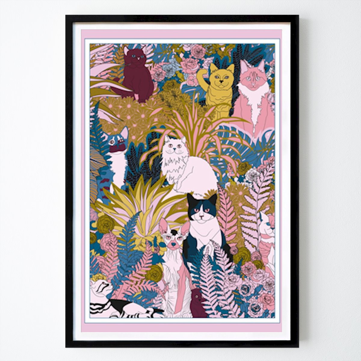Illustration Poster: Whimsical Feline Garden: A Colorful Cat Collage by OMG Kitty