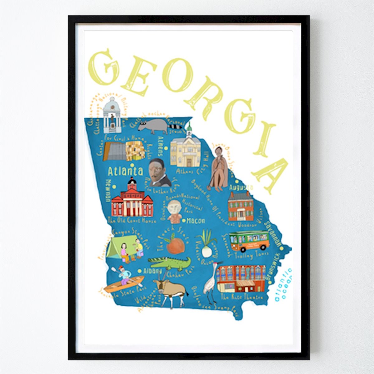 Illustration Affiche: Explorer le cœur de la Géorgie : une carte colorée des monuments et de la culture par Carla Daly