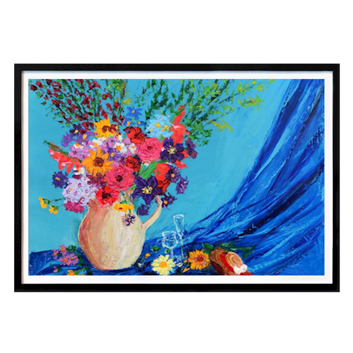 Kukat & Kasvit Juliste: Eloisa kukkainen asetelma sinisellä silkillä tekijänä Jukyong Park