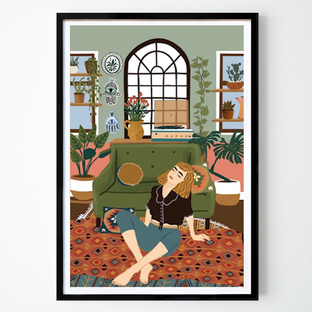 Fleurs & Plantes Affiche: Ambiance chaleureuse : un moment serein dans un salon bohème par Ceyda Alasar