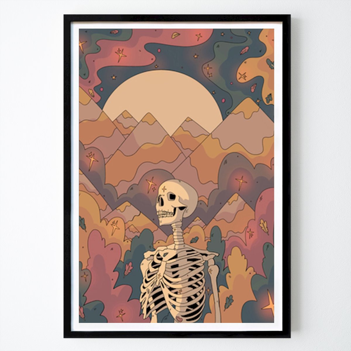 Landen & Steden Poster: Speels Skelet in een Dromerig Landschap van Stephen Wade