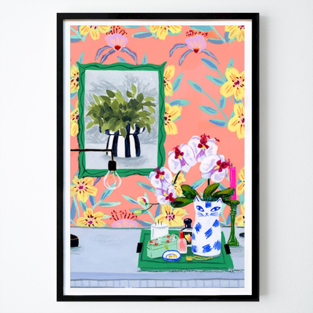 Póster: Bodegón floral caprichoso con jarrón de gato de Sarah Gesek