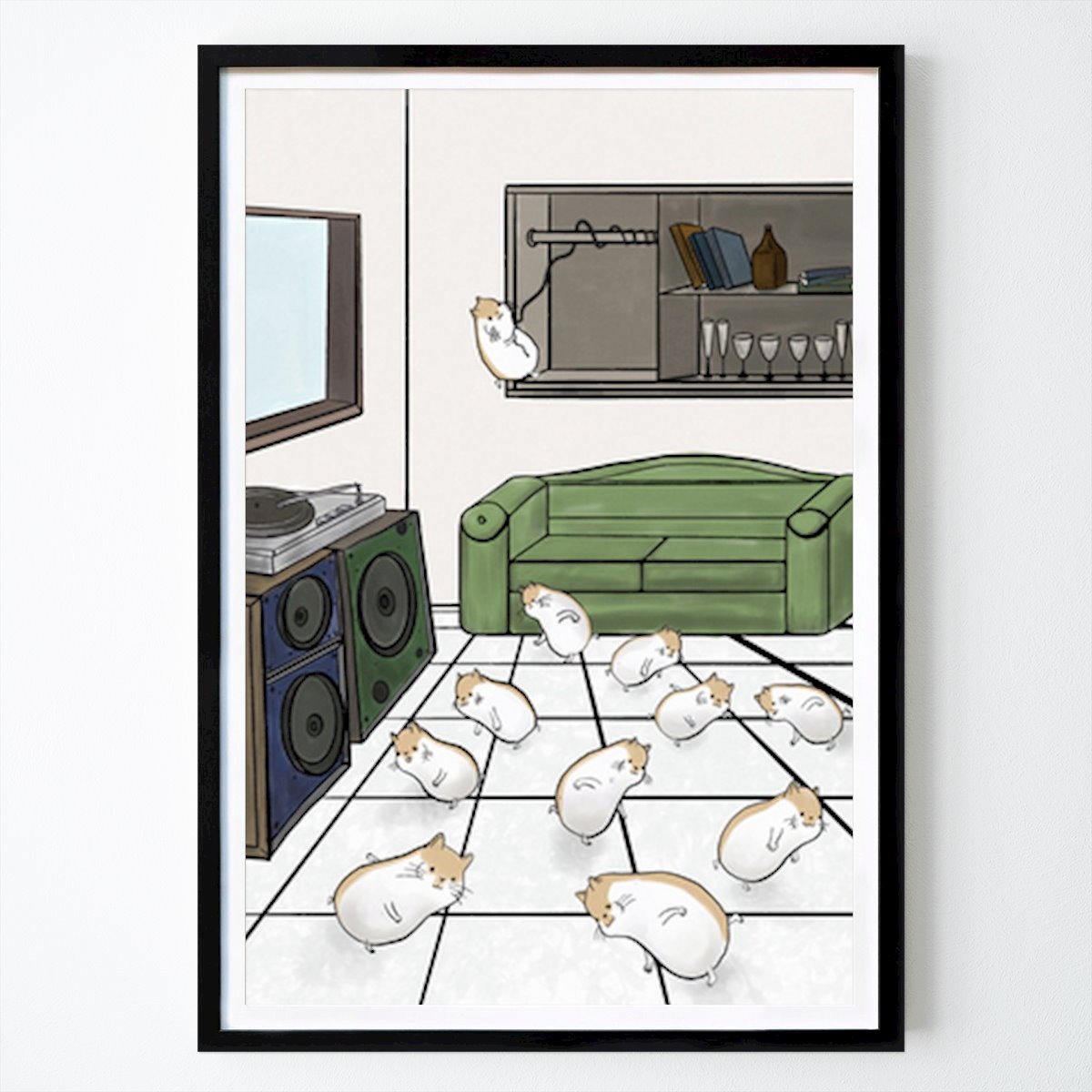 Retro & Vintage Poster: Hamsters Vinyl Party in een Garagestudio van Rifqy lubis