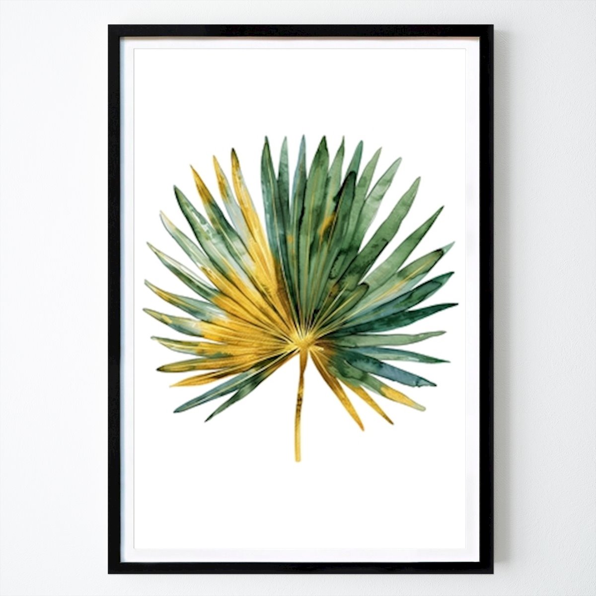 Botanical Poster: Golden Palm Leaf – Beautiful Tropical Botanical Watercolor Artwork In Green & Gold by Lindica Art