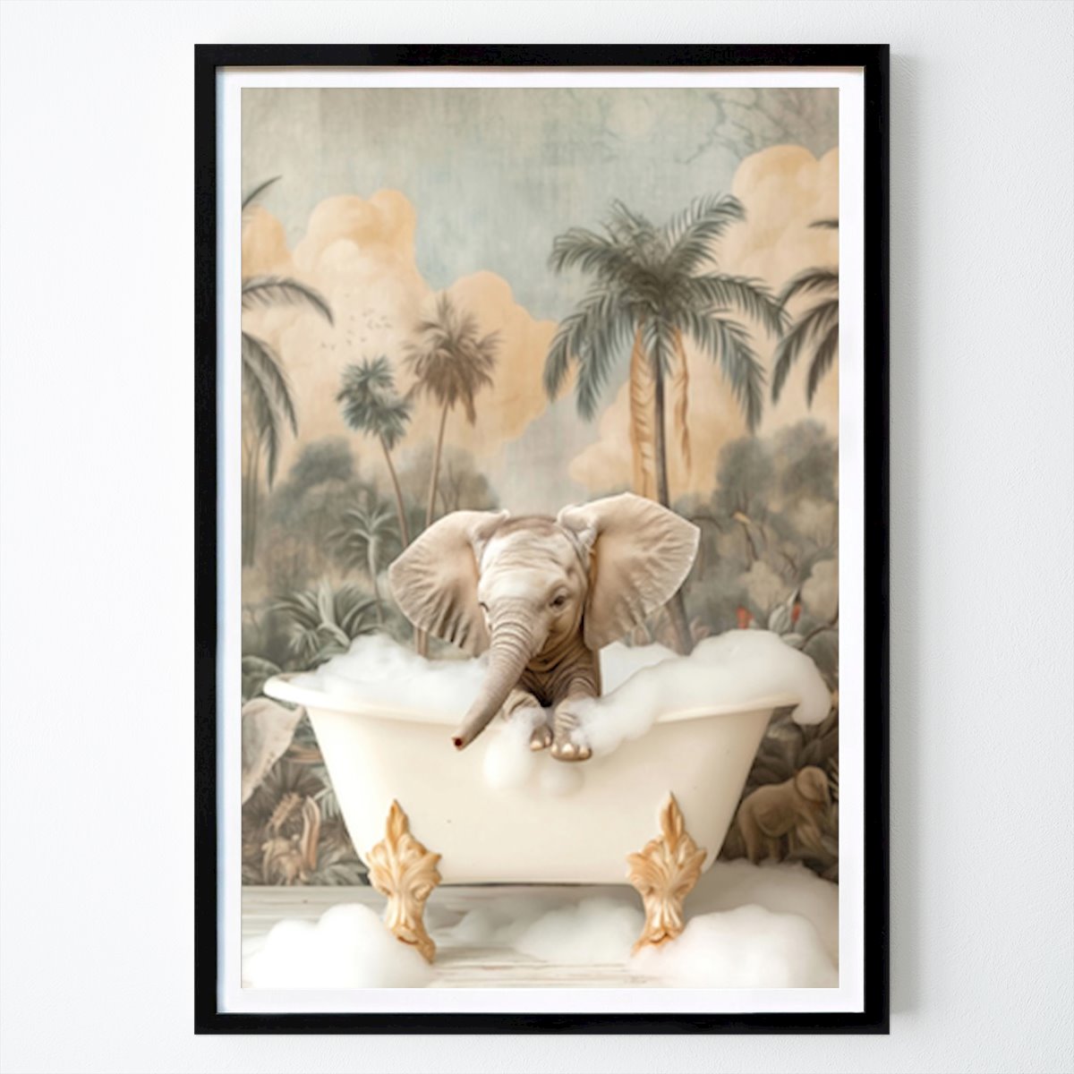 Places & Cities Poster: Whimsical Bath Time: An Elephant's Soapy Adventure by Niky Rahner