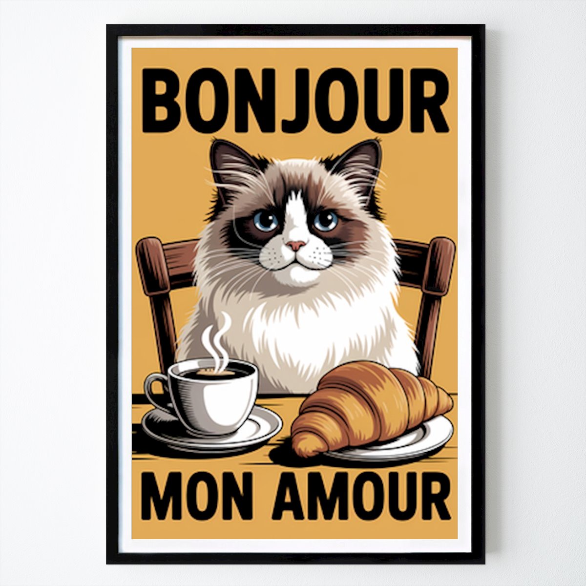 Bonjour My Love: Süße Ragdoll-Katze French Cafe Art Poster von Priscilla Palmer – Küchen Wandbild – Printler