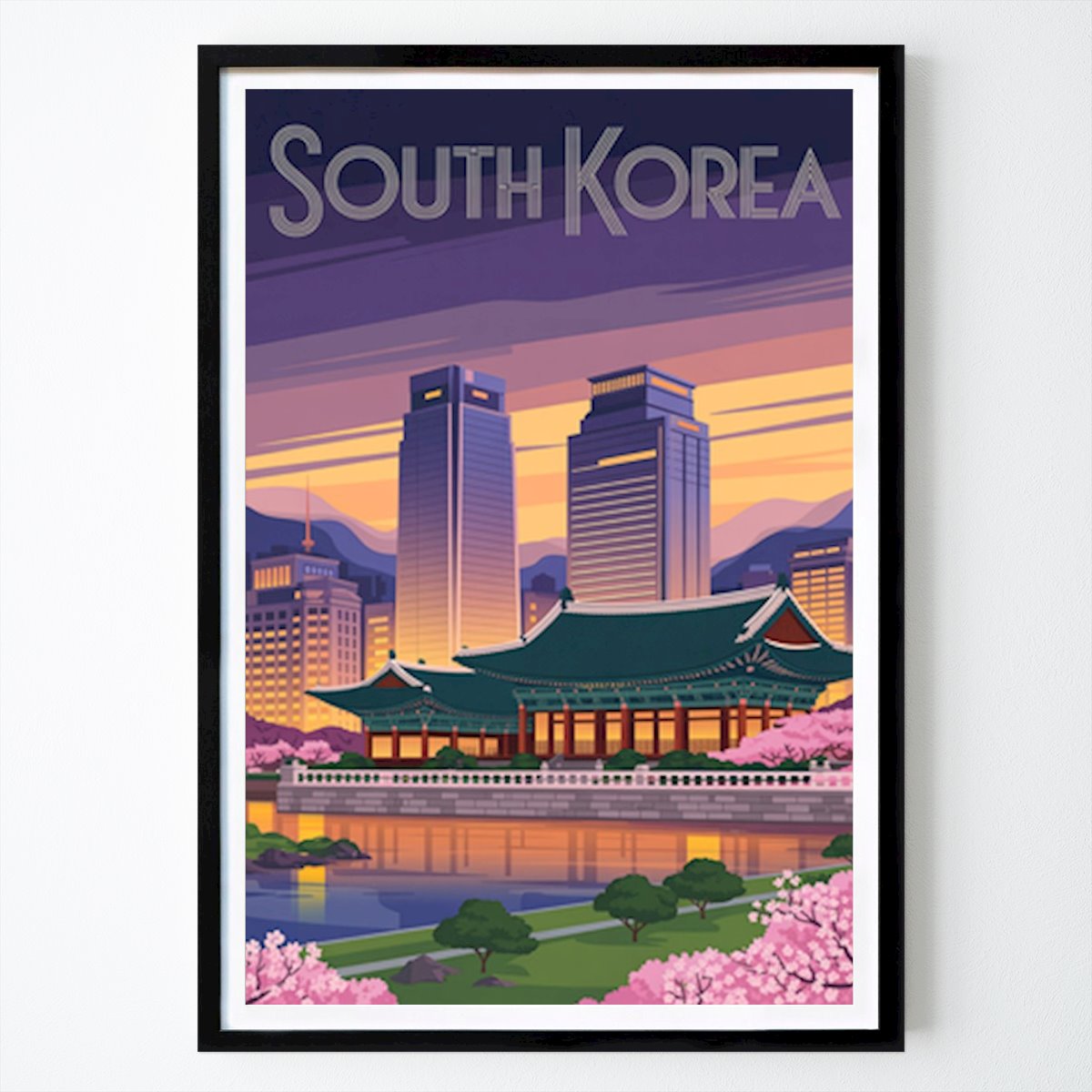 Města & Země Plakát: Soulský západ slunce: Vintage jihokorejský art deco plakát od Shane Gregory