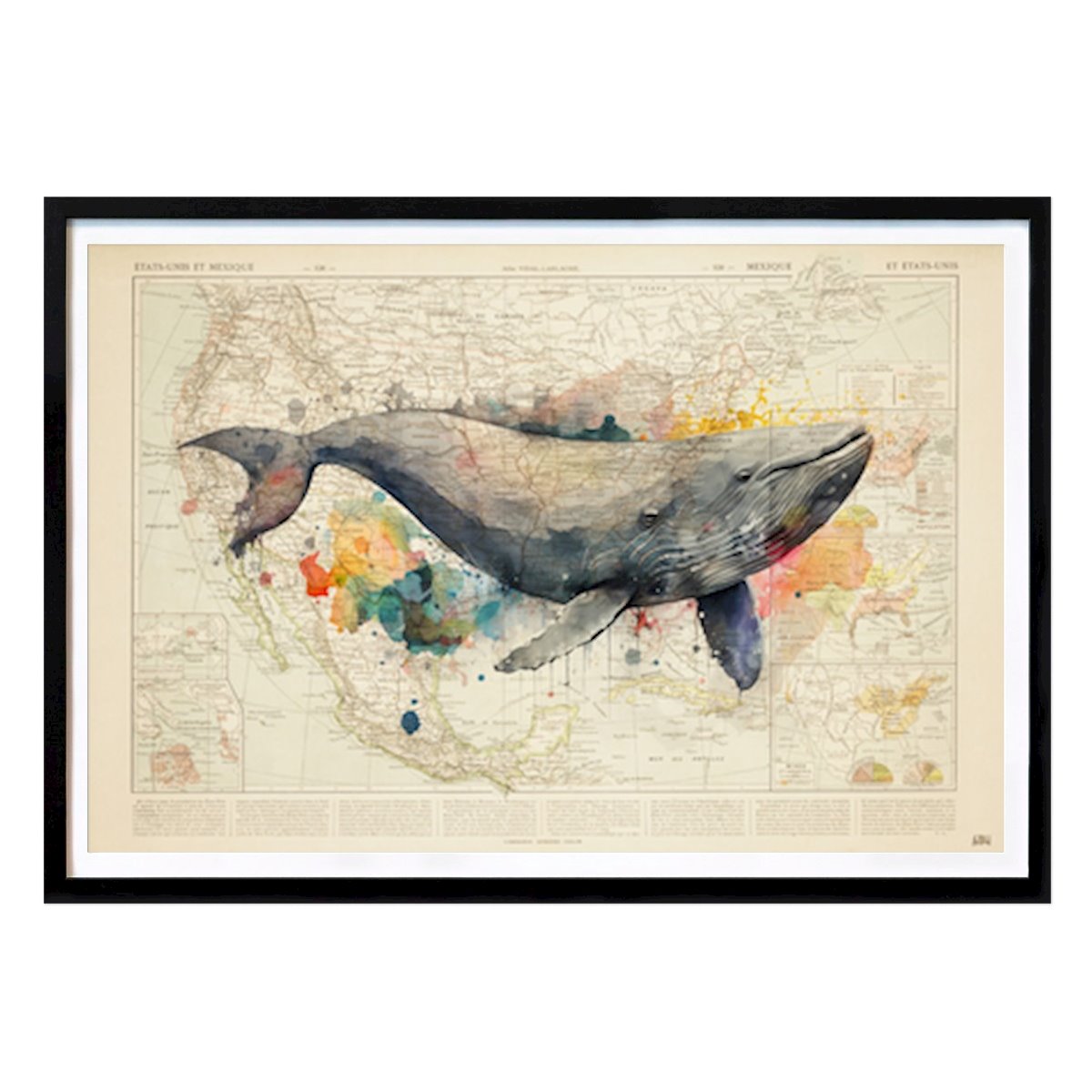Places & Cities Poster: Whale of a Map: A Colorful Journey Through Mexico and the U.S. by Thomas chedeville