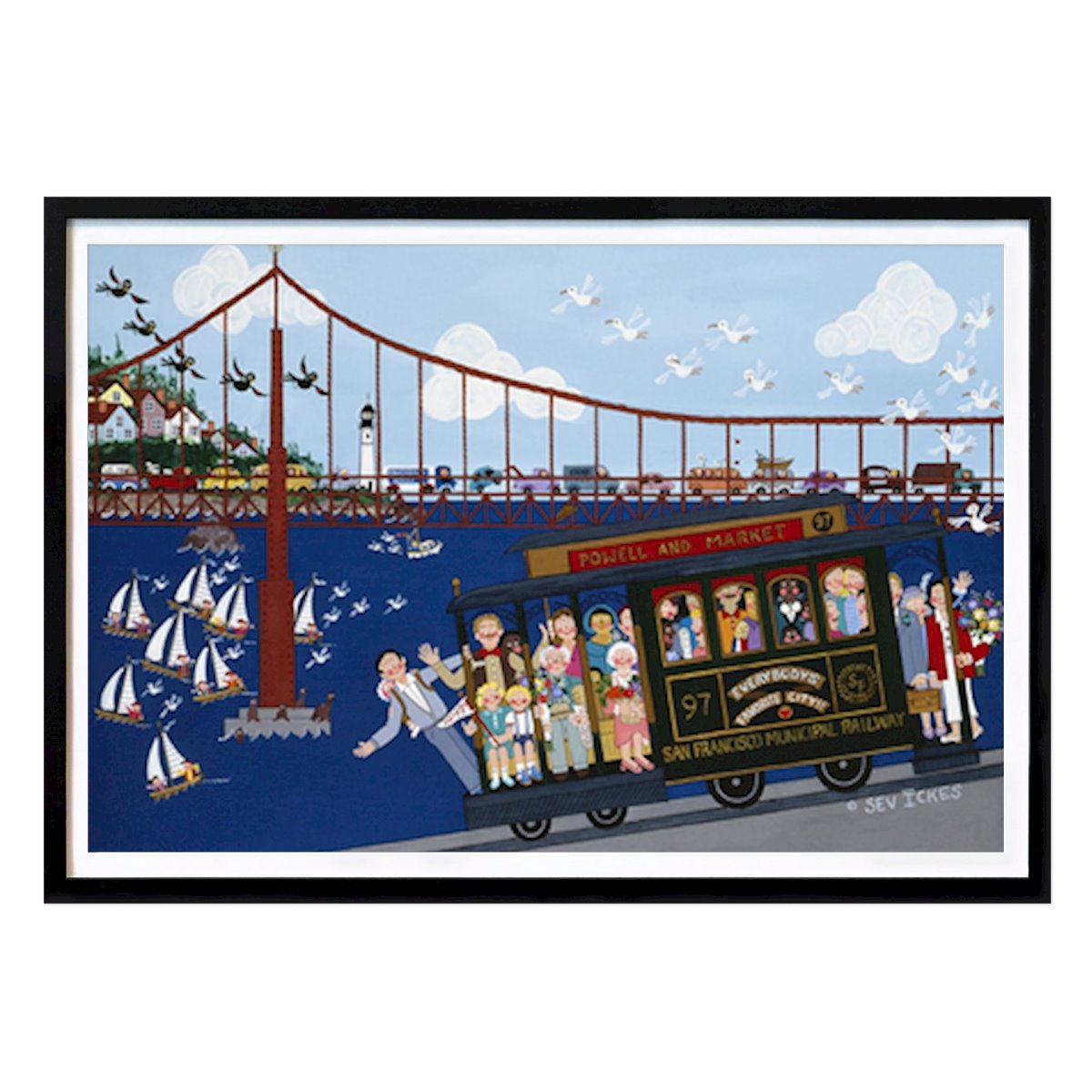 Villes & Pays Affiche: San Francisco fantaisiste : Une balade en tramway colorée à travers la baie par Sev Ickes