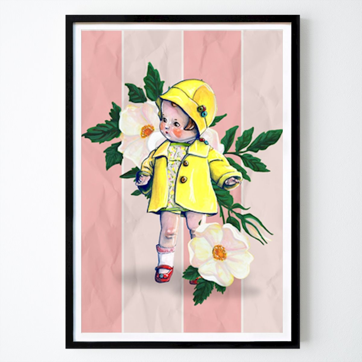 Retro & Vintage Poster: Vintage Charm: Whimsical Doll In Yellow Raincoat by Renee Machan Cottagecore Artist