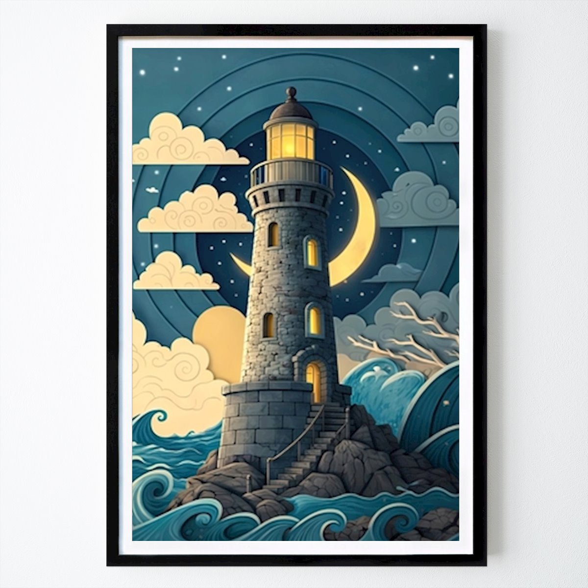 Artistic Poster: Guiding Light: A Whimsical Lighthouse at Dusk by Ethereal Prints