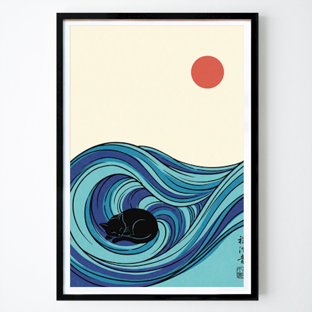 Places & Cities Poster: Serene Waves: The Tranquil Cat In A Japanese-Inspired Landscape by PixelNest