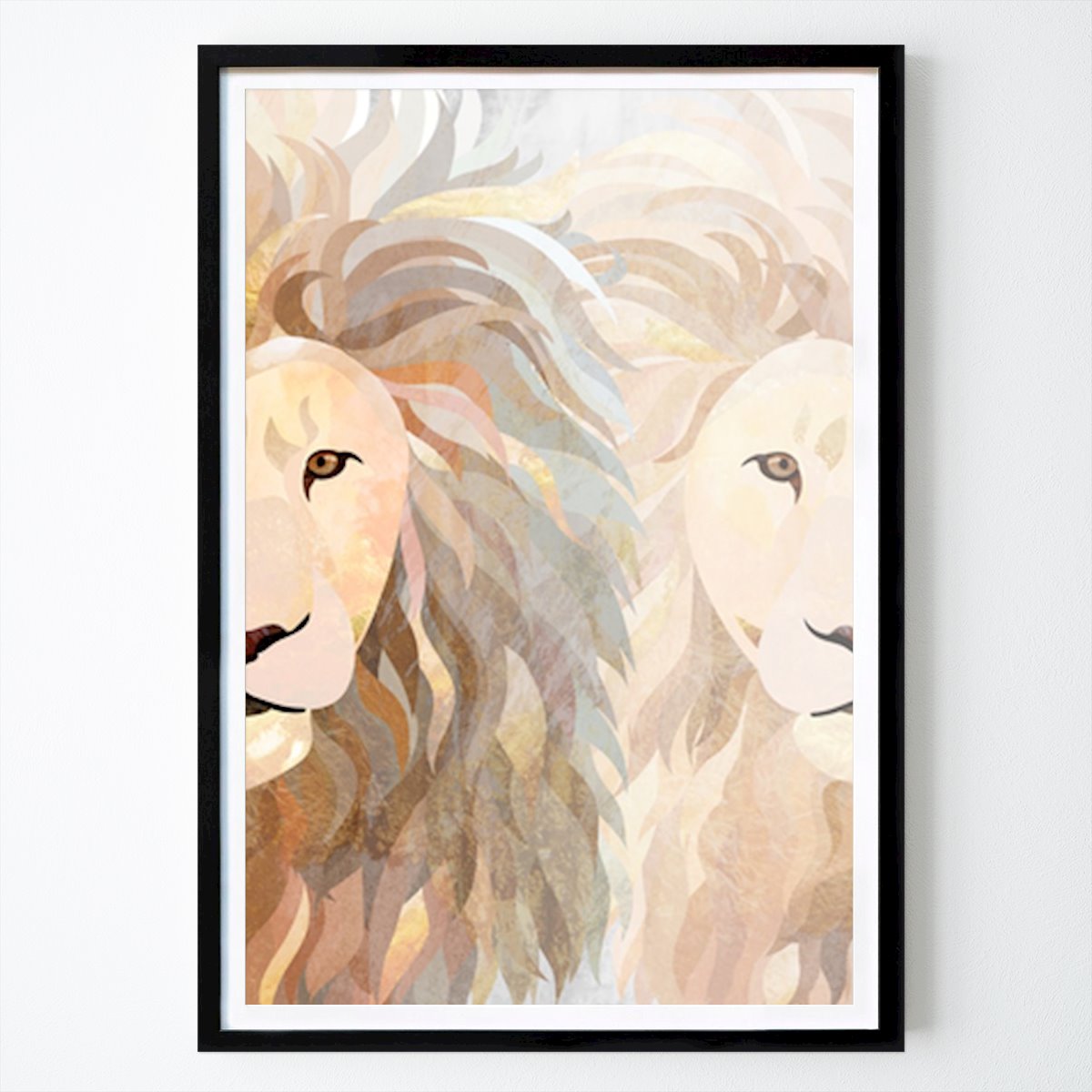 Abstracto Póster: Dualidad Majestuosa: Una interpretación artística moderna de los leones de Sarah Manovski