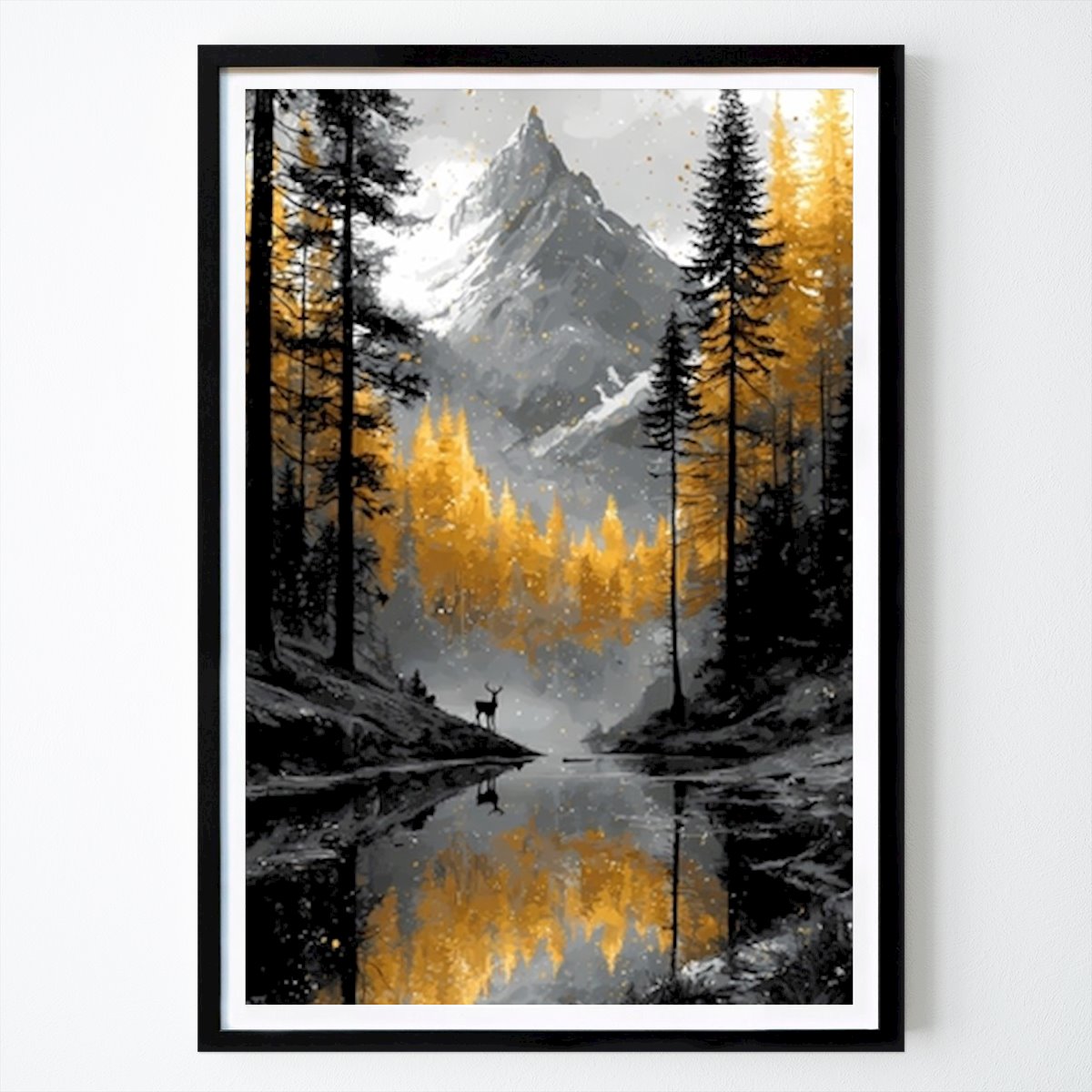 Natur Plakat: Autumn Serenity: A Tranquil Reflection in Nature Black Gold Art av Ilham Purnama