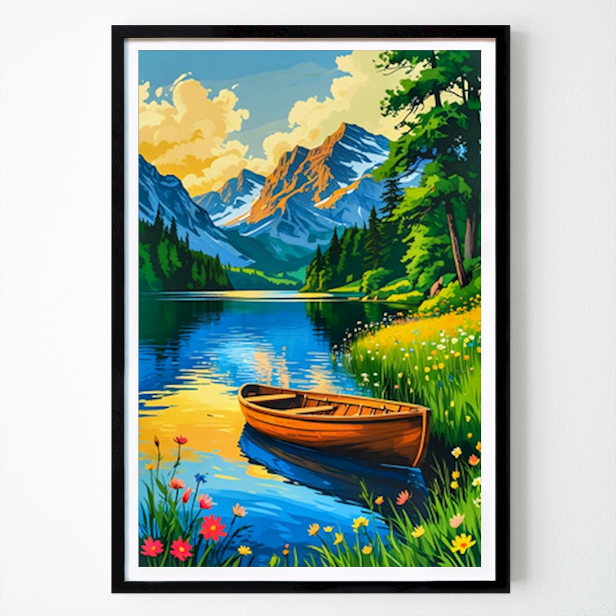 Villes & Pays Affiche: Art mural du bateau du coucher de soleil du lac Mountain par Yazid h