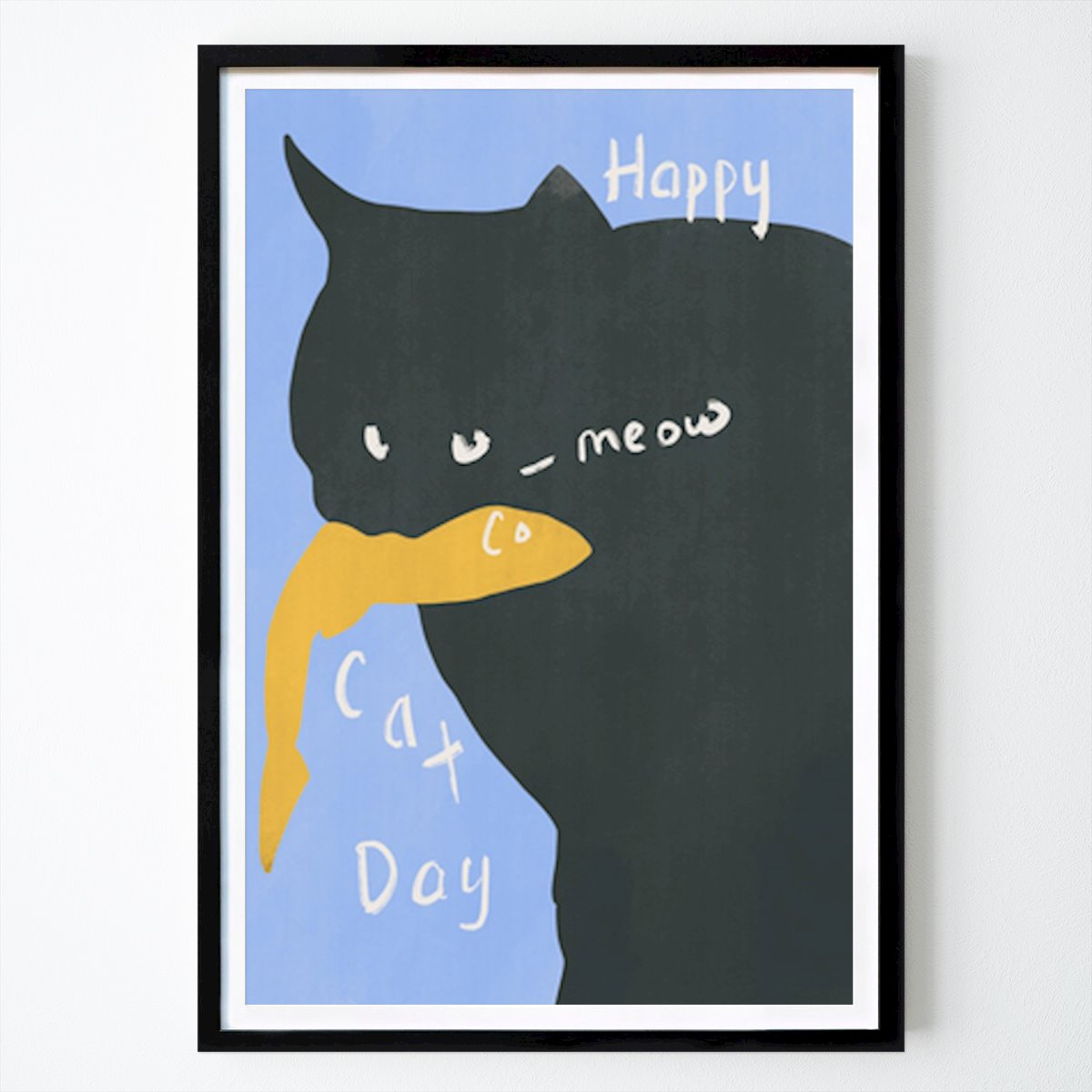 Illustration Poster: Happy Cat Day Poster with Playful Black Cat and Fish by Little Dean